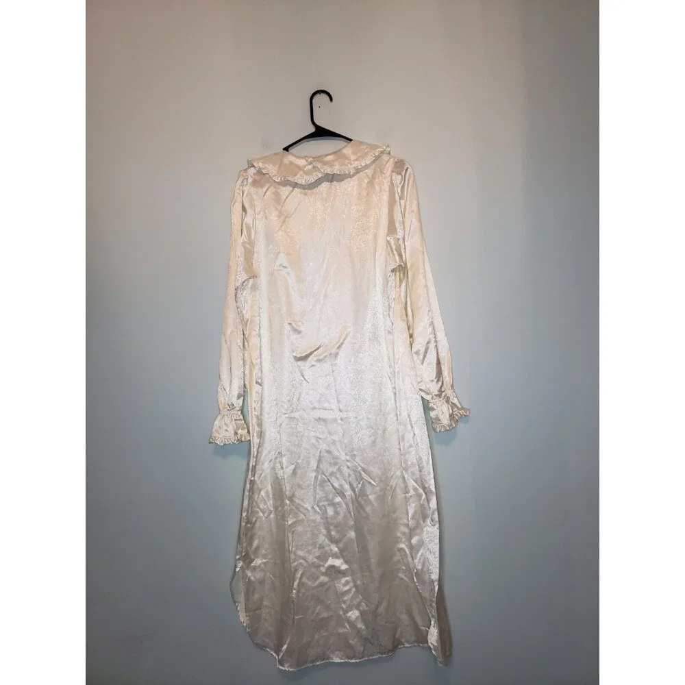 Fundamentals Women M Midi Nightgown Satin Cream Floral Grannycore Ruffle Collar - Picture 2 of 5